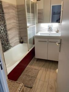 een badkamer met een wastafel, een bad en een douche bij Appartement F3 avec jolie vue in Le Barcarès