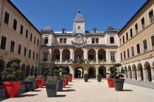 une cour avec des plantes en pot devant un bâtiment dans l'établissement L'appartement du Temple à Vienne, à Vienne