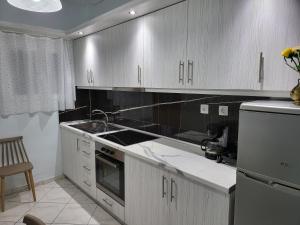 kuchnia z białymi szafkami i piekarnikiem w obiekcie THEA SEA APARTMENT w mieście Nea Moudania +15 zdjęć