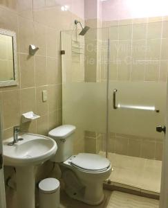een badkamer met een toilet, een wastafel en een douche bij Hermosa y Amplia Casa en Pie de la Cuesta in Coyuca
