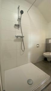 a bathroom with a glass shower with a toilet at The Horse Farm in Garnwerd