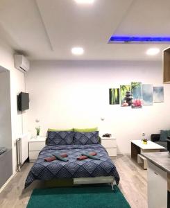 Un dormitorio con una cama con dos personas acostadas en ella. en Zen Apartmani, en Zrenjanin