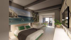 una camera da letto con un letto con cuscini verdi di Boutique Hôtel Kon Tiki Tahiti a Papeete