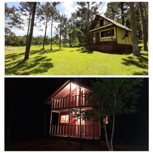 zwei Bilder von einem Haus und einem Wald in der Unterkunft Ranchinho da Serra chalé in Bom Jardim da Serra
