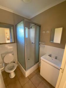 a bathroom with a shower and a toilet and a sink at Goose Valley Unit EE4 in Plettenberg Bay