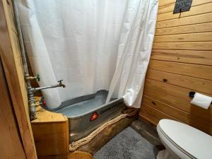 Nate’s Cabin في فورت باين: حوض استحمام في حمام مع مرحاض
