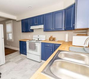 una cocina con armarios azules y fregadero en Cozy Riverfront Bungalow with Stunning Views en Covington