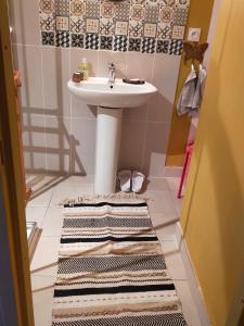 ein Badezimmer mit einem Waschbecken und einem Teppich auf dem Boden in der Unterkunft Daphrose chambre in Lachau