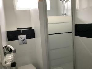 een badkamer met een toilet en een glazen douchedeur bij Les Bruyeres in Concarneau