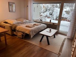 トートナウにあるCozy Condo, Ski in and Outのベッドルーム1室(ベッド1台付)、雪が降り注ぐ窓が備わります。