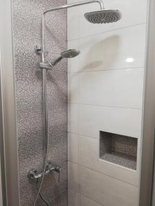 a bathroom with a shower with a glass door at Sobe Šušanj in Karlobag