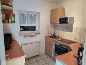 a small kitchen with a sink and a microwave at FeWo Am Neckarsteig in Neckarsteinach