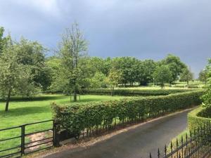 een pad in een park met een hek en bomen bij Hoeve op de Meer in Maastricht