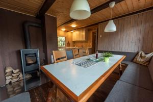 a kitchen and living room with a table and a fireplace at Chalet Pehta Velika Planina in Stahovica