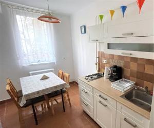 une cuisine avec une table et une petite cuisine avec un évier dans l'établissement Évi Apartman, à Eger