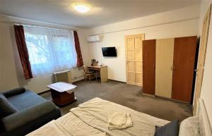 Cette chambre comprend un lit, un canapé et un bureau. dans l'établissement Évi Apartman, à Eger