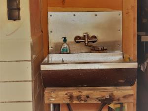 a sink in a box with a bottle of soap at Airstream Hotel in Kahla