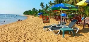 a beach with chairs and umbrellas and the ocean at Coral Reef Guest in Beruwala