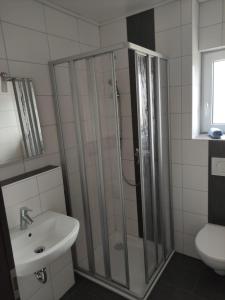 uma casa de banho com um chuveiro e um lavatório. em Privatzimmer Popp-Hessenauer em Ansbach