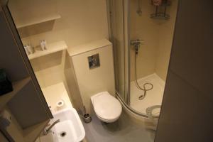 a bathroom with a shower and a toilet and a sink at Chata rybacka w Orłowie / Apartament in Gdynia