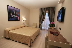 a hotel room with a bed and a desk and a television at Hotel Mirasole International in Gaeta