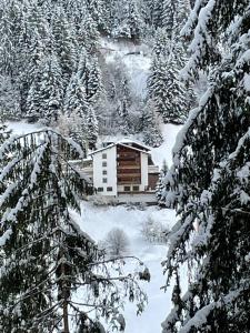 a cabin in the middle of a snow covered forest at Hotel Buckelhof in See