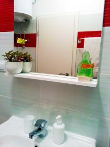 ein Waschbecken mit einem Spiegel und zwei Pflanzen auf einem Regal in der Unterkunft Apartments and Rooms King in Mokošica