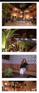 two pictures of a woman sitting on a couch at Hotel Toulousain in Marrakesh