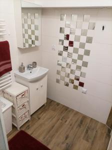 W łazience znajduje się umywalka i lustro. w obiekcie Apartament w Zagrodzie w mieście Frydman