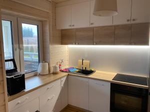 Kuchyňa alebo kuchynka v ubytovaní Domek Całoroczny Fuleda -Mazury Giżycko Sauna Jacuzii Kominek