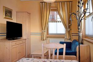 ein Wohnzimmer mit einem blauen Sofa und einem TV in der Unterkunft Chalet Betty Appartamento Muf in Livigno