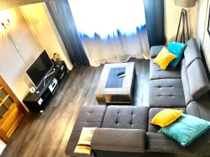 einen Blick über ein Wohnzimmer mit Sofa in der Unterkunft Logements Un Coin de Bigorre - La Pyrénéenne - 130m2 - Canal plus, Netflix, Rmc Sport - Wifi fibre - Village campagne in Tournay