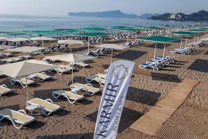 an overhead view of a beach with chairs and umbrellas at Karmir Resort & Spa - Ultra All Inclusive in Kemer