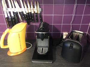 a kitchen counter with a hair dryer and other appliances at Logements Un Coin de Bigorre - La Tournayaise - Canal plus, Netflix, Rmc Sport - Wifi Fibre in Tournay