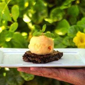 una mano sosteniendo un plato con un postre con helado en Vila Itaqui, en Luís Correia