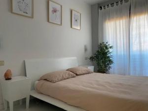 a white bedroom with a bed and a window at Albatros Apartamentos Playa Granada in Motril