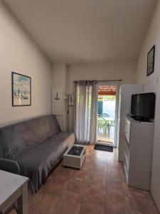 ein Wohnzimmer mit Sofa und Fernseher in der Unterkunft MARINES DU ROUSSILLON Villa en résidence avec piscine à 150 m de la plage v100 in Saint-Cyprien