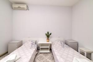 a room with two beds and a table with a plant at Хостел Perron in Kharkiv