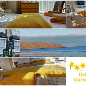 a collage of pictures of a bedroom with a yellow blanket at Daffodil Guest House in Filey