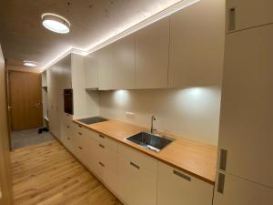 uma cozinha com armários brancos e um lavatório em Bergluft Apartment MELLAU em Mellau
