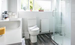 La salle de bains est pourvue de toilettes, d'un lavabo et d'une fenêtre. dans l'établissement Comfy 3-Bed House near City Centre, sleeps 6, à Tile Hill