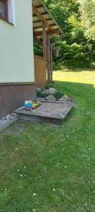 a toy train sitting in the grass near a house at Pension U Štěpánků in Trpišovice