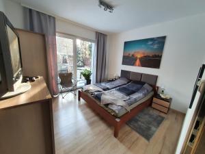 1 dormitorio con cama y ventana grande en Nowy Dom Apartament z Widokiem na Góry 8 osób en Bielsko-Biala
