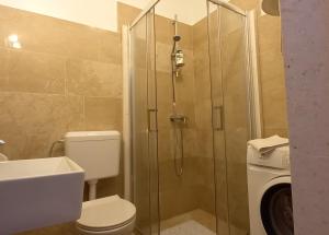 Savar的住宿－Apartman Lapis，带淋浴、卫生间和盥洗盆的浴室