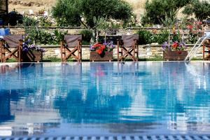 a swimming pool with blue water and chairs and flowers at Argo Hotel in Agioi Apostoli