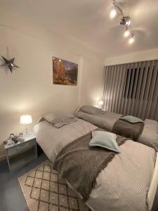 a bedroom with two beds and a table with a lamp at Marina in Le Touquet-Paris-Plage