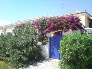 a blue gate with flowers on top of a house at Villa Oleander in Spetses