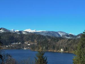 vistas a un lago con montañas en el fondo en BALCON Apartments en Bled