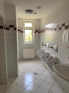 a bathroom with three urinals and a sink and a window at Arbeiterwohnheim Workers Dormitory Graz in Graz
