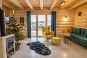 a living room with a christmas tree and a green couch at Świerkowe Chatki w Koniakowie in Koniaków